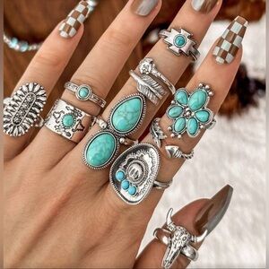 ✨Bohemian Silver and Turquoise Ring Set